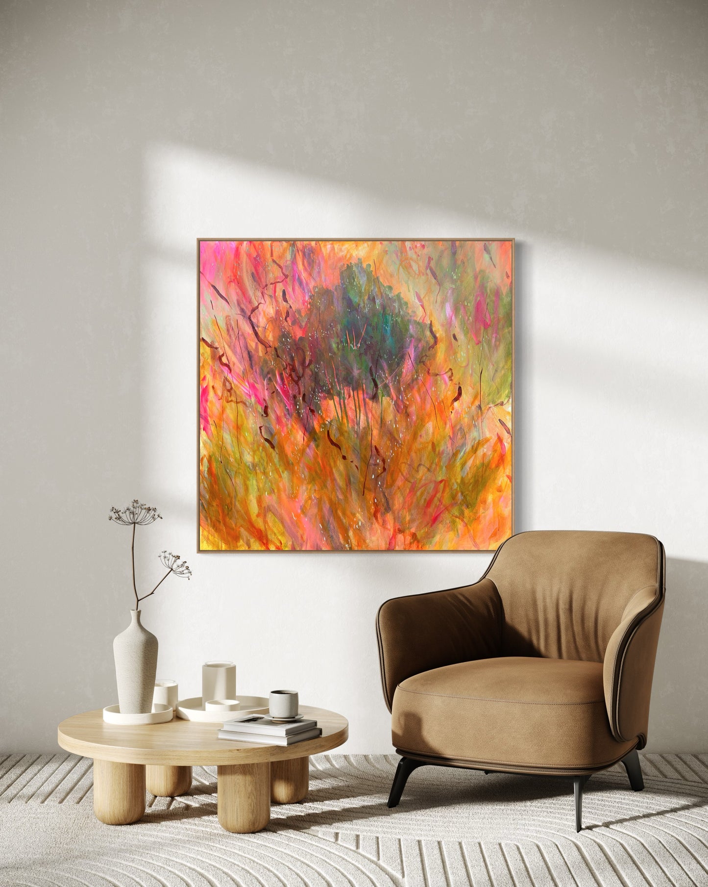 Sundown falling like pieces of sky - acrylic artwork on canvas, 101x101cm