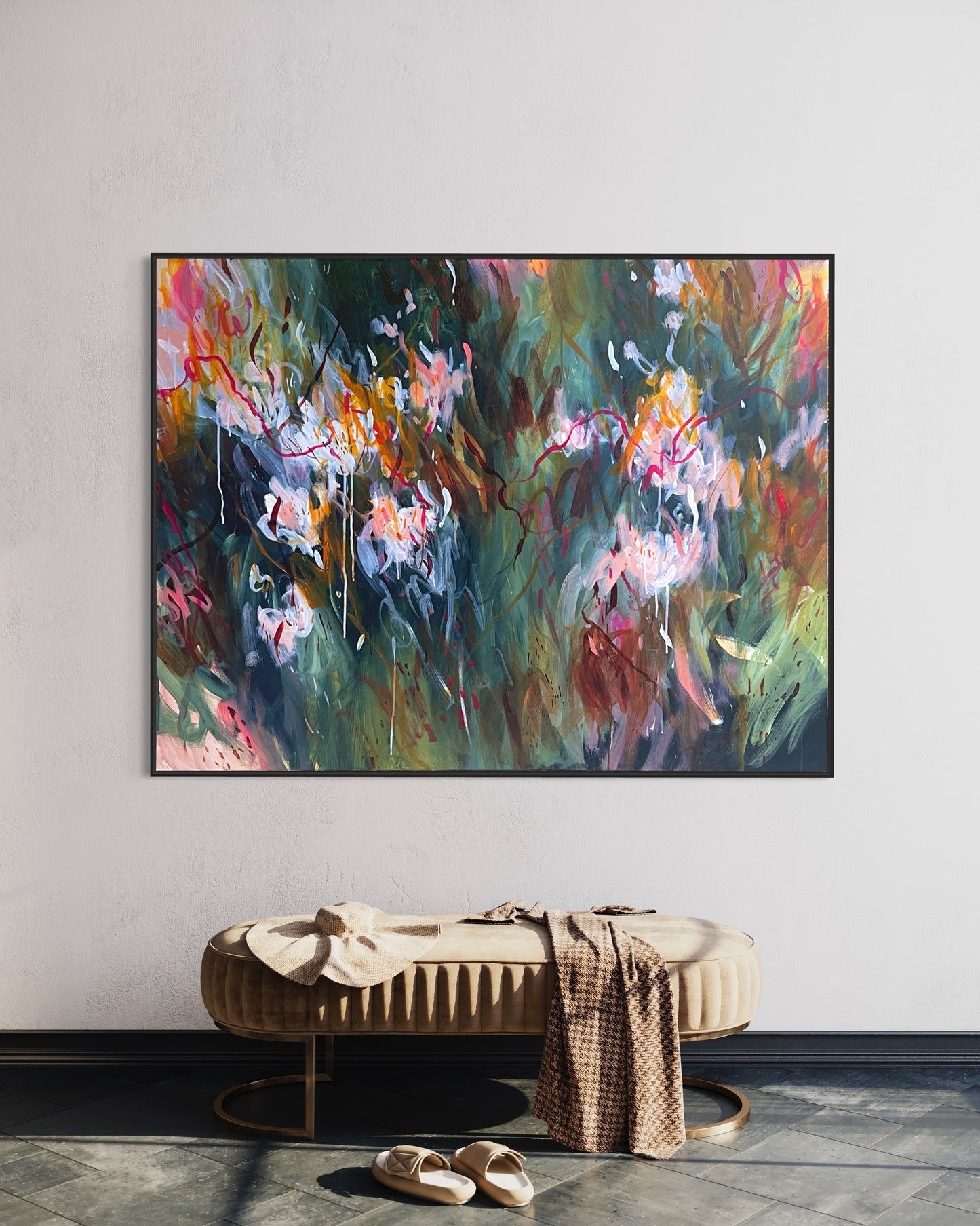 Ribbons and roses - acrylic artwork on canvas, 120x100cm