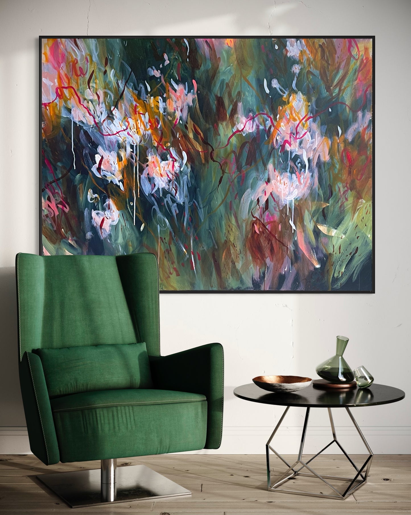 Ribbons and roses - acrylic artwork on canvas, 120x100cm