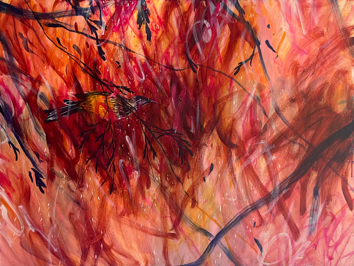 When the wattlebird is still - acrylic artwork on canvas, 76x102cm