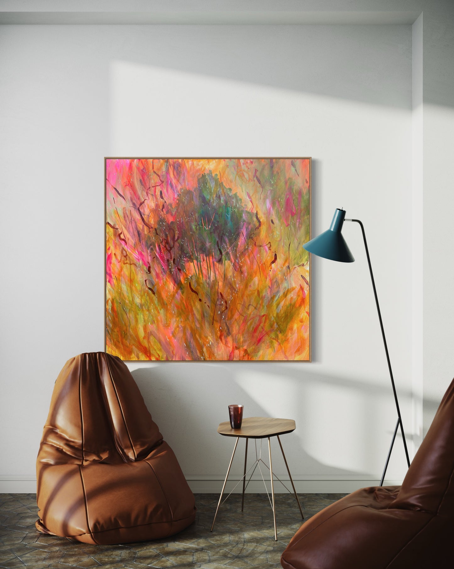 Sundown falling like pieces of sky - acrylic artwork on canvas, 101x101cm
