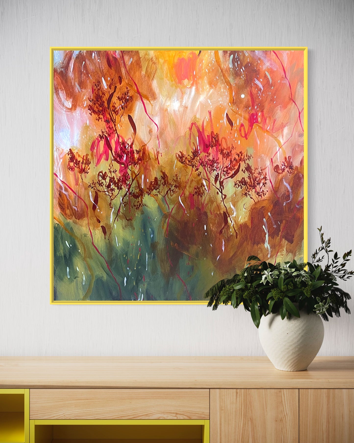 Stars falling through trees - acrylic artwork on canvas, 76x76cm