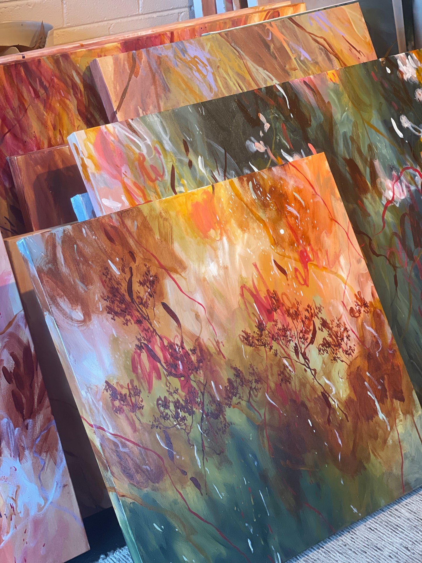 Stars falling through trees - acrylic artwork on canvas, 76x76cm