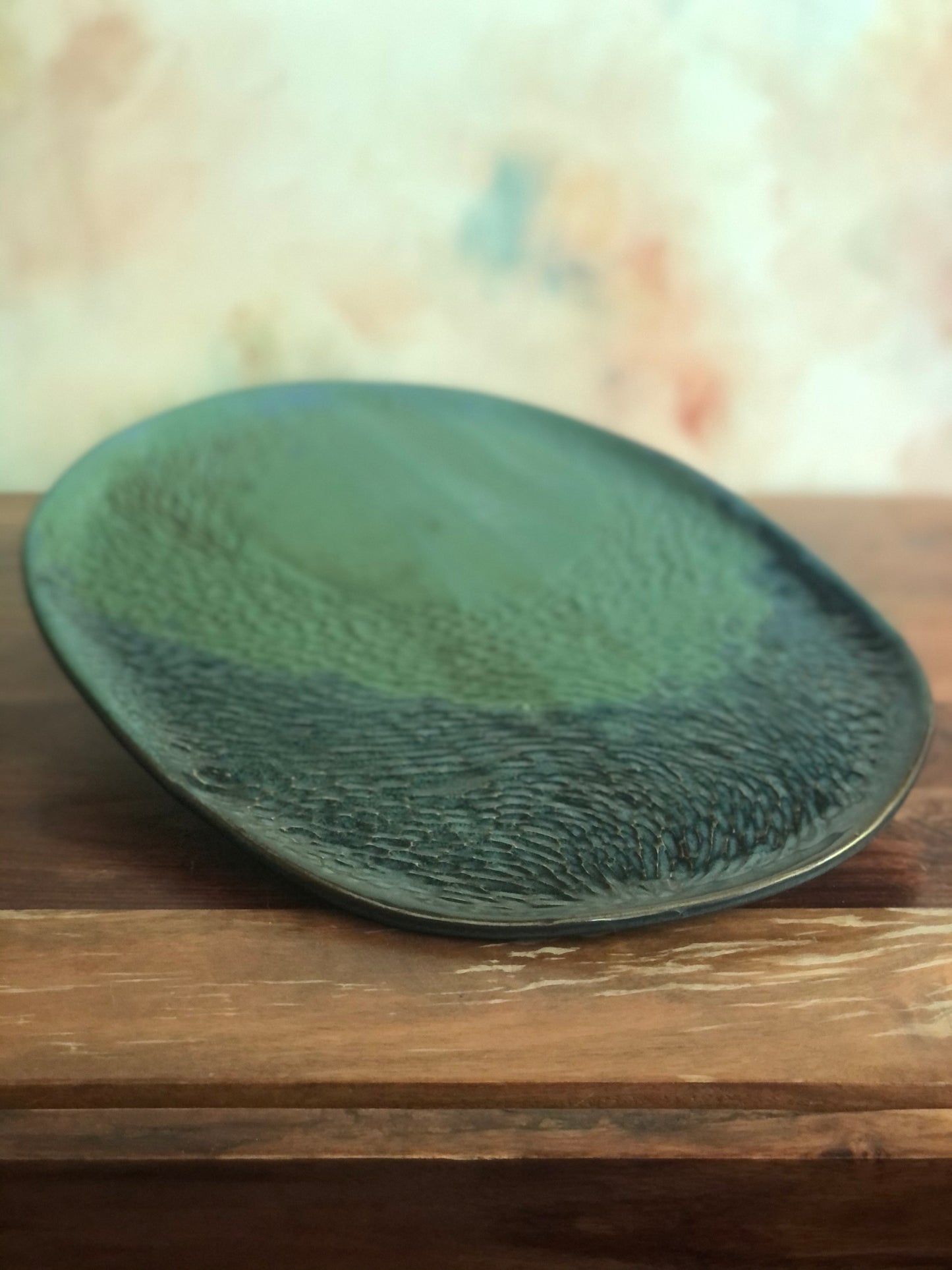 Carved green and blue oval platter