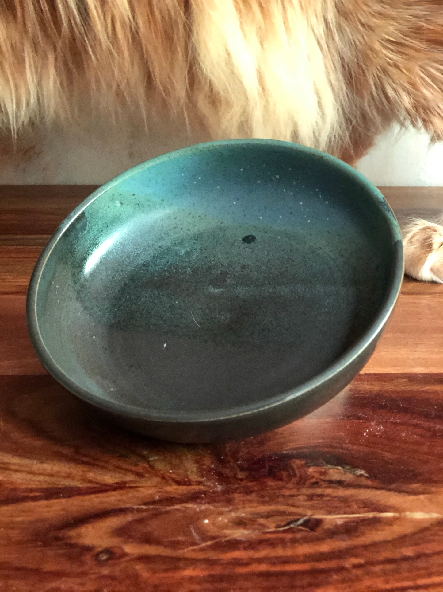 Matte green and blue small shallow bowl