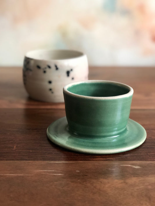 Hand-painted French butter keeper with green lid